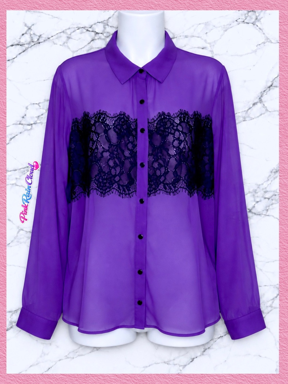 Charming Charlie Y2K Purple Sheer Lace Panel Button Front Blouse Women’s Medium